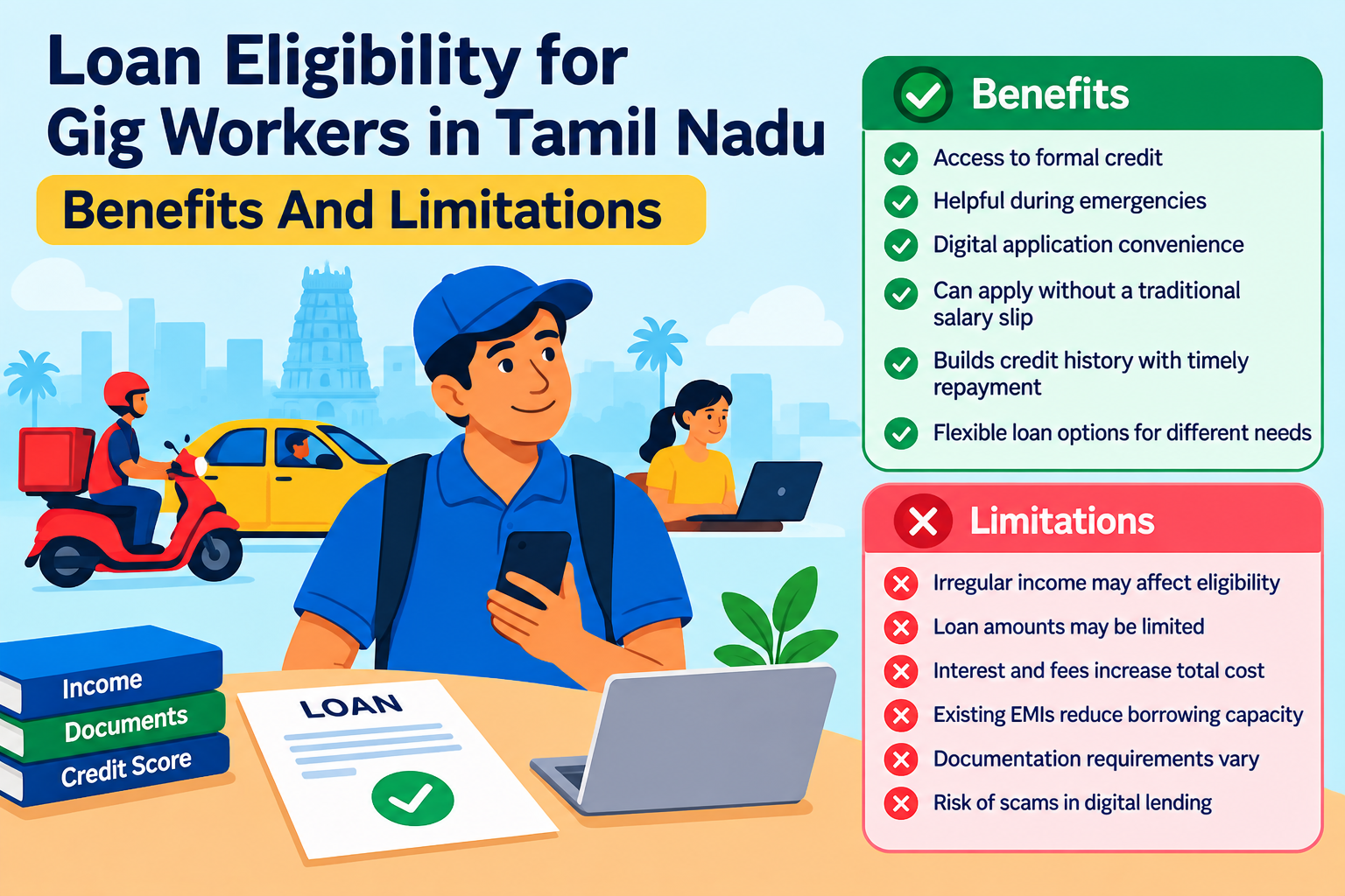 Loan eligibility for gig workers in Tamil Nadu showing the benefits and limitations of personal loans, including formal credit access, emergency support, digital applications, irregular income, interest costs, existing EMIs, documentation, and scam risks.